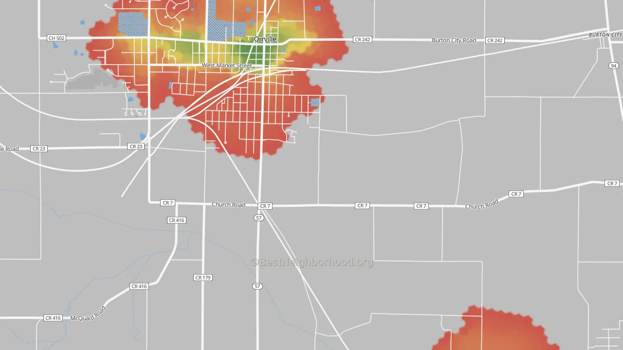 Walk Grade map of Orrville Junction, OH, walkable areas in green and car-dependent areas in red