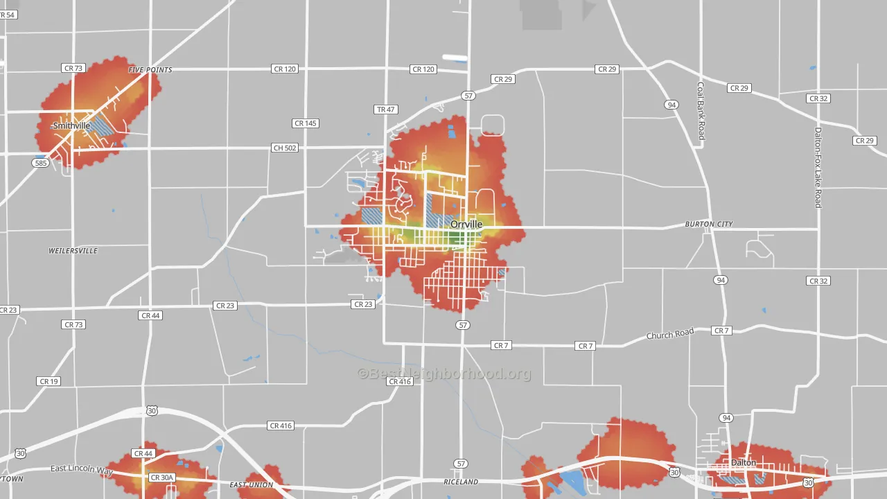 Walk Grade map of Orrville, OH, walkable areas in green and car-dependent areas in red