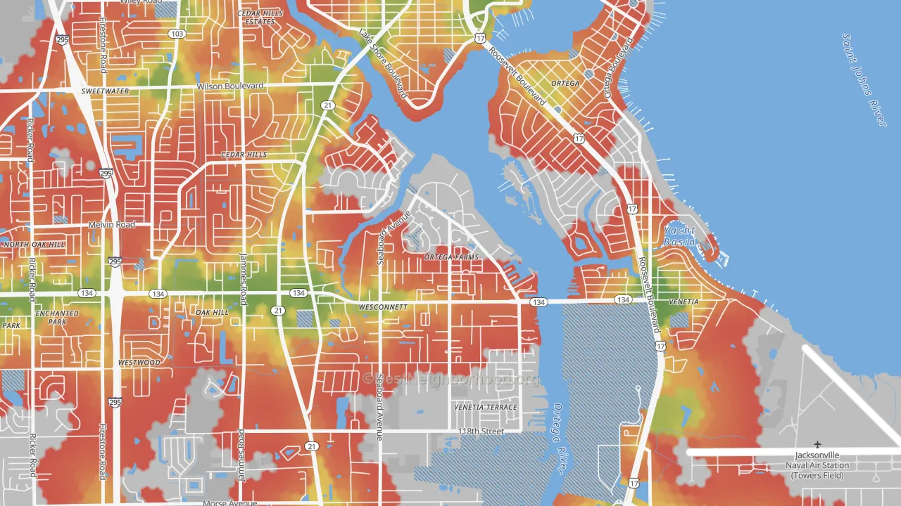 Walk Grade map of Ortega Farms, Jacksonville, FL, walkable areas in green and car-dependent areas in red