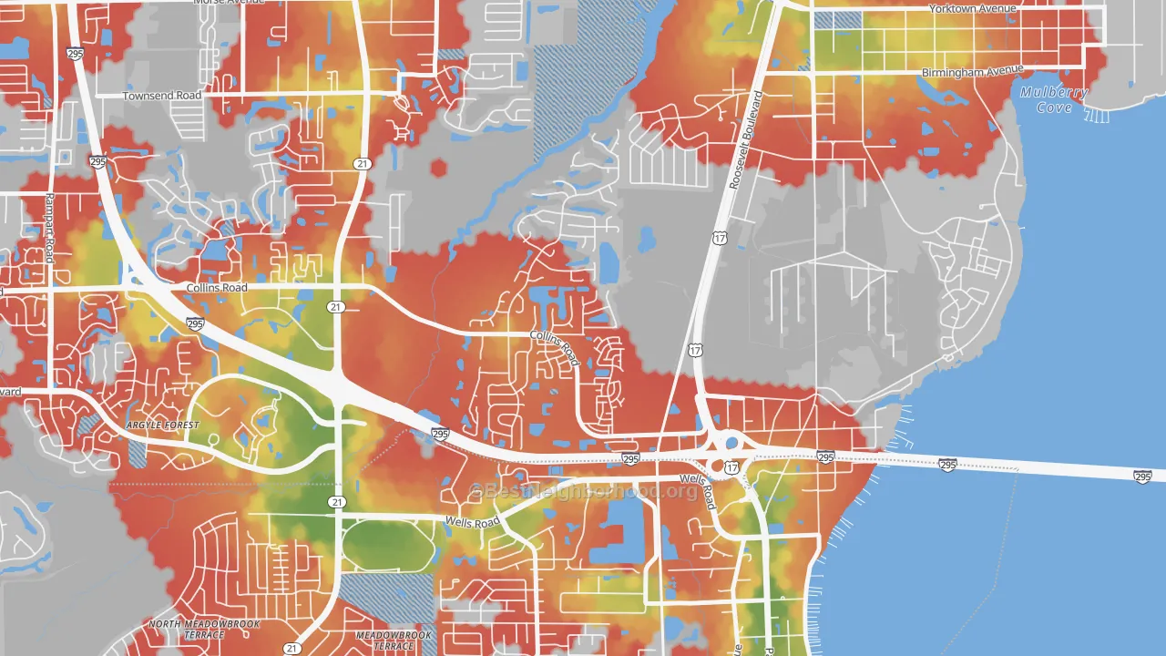 Walk Grade map of Ortega Hills, Jacksonville, FL, walkable areas in green and car-dependent areas in red