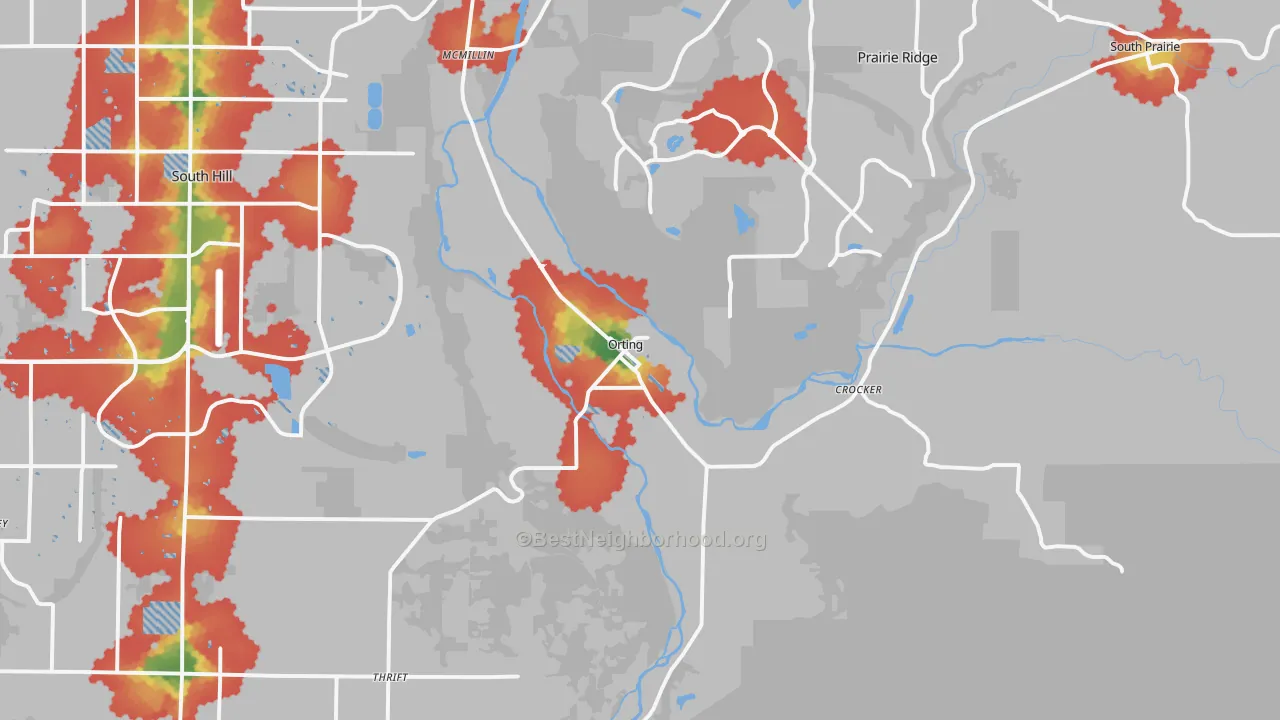 Walk Grade map of Orting, WA, walkable areas in green and car-dependent areas in red