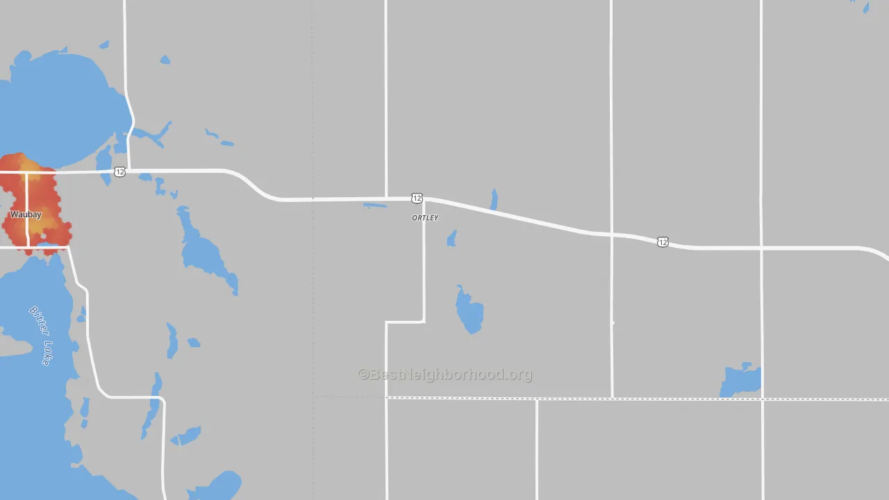 Walk Grade map of Ortley, SD, walkable areas in green and car-dependent areas in red