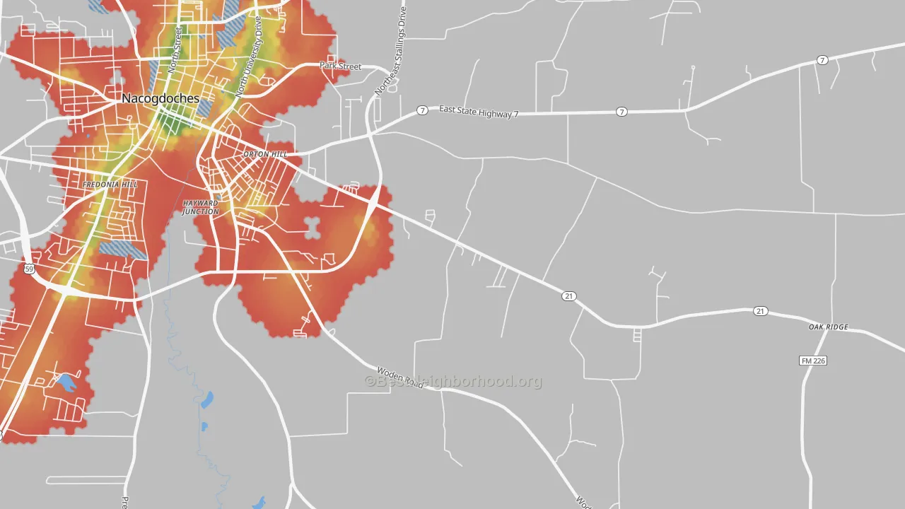 Walk Grade map of Orton Hill, TX, walkable areas in green and car-dependent areas in red