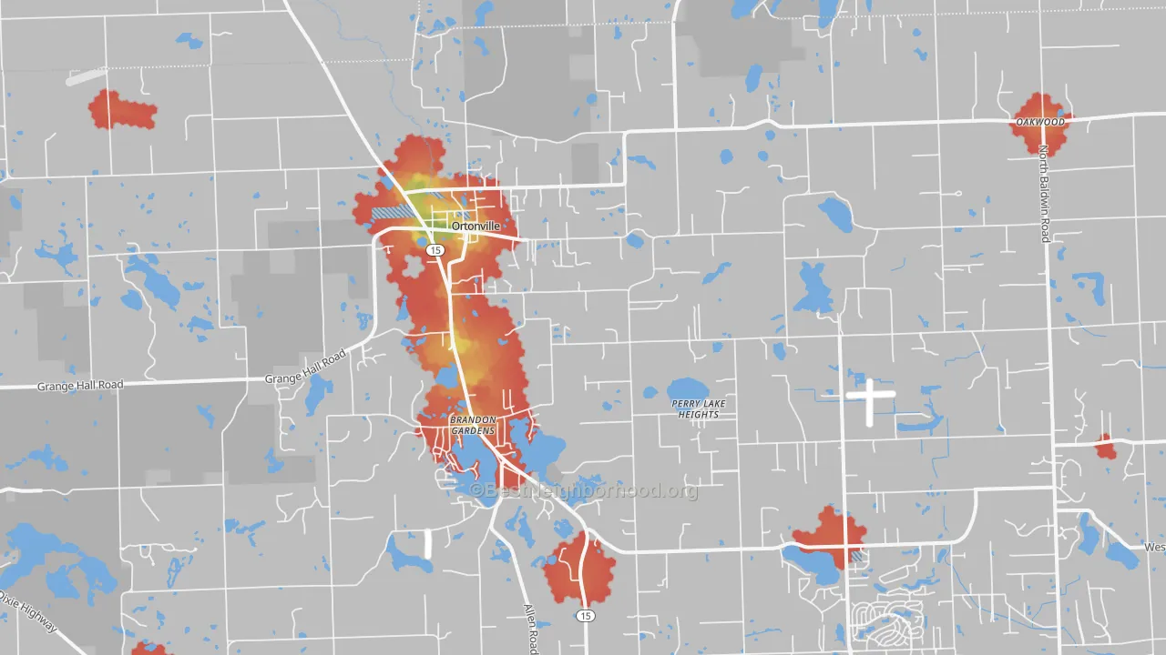 Walk Grade map of Ortonville, MI, walkable areas in green and car-dependent areas in red
