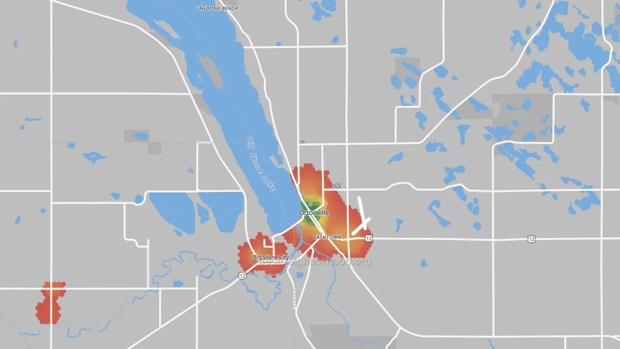 Walk Grade map of Ortonville, MN, walkable areas in green and car-dependent areas in red