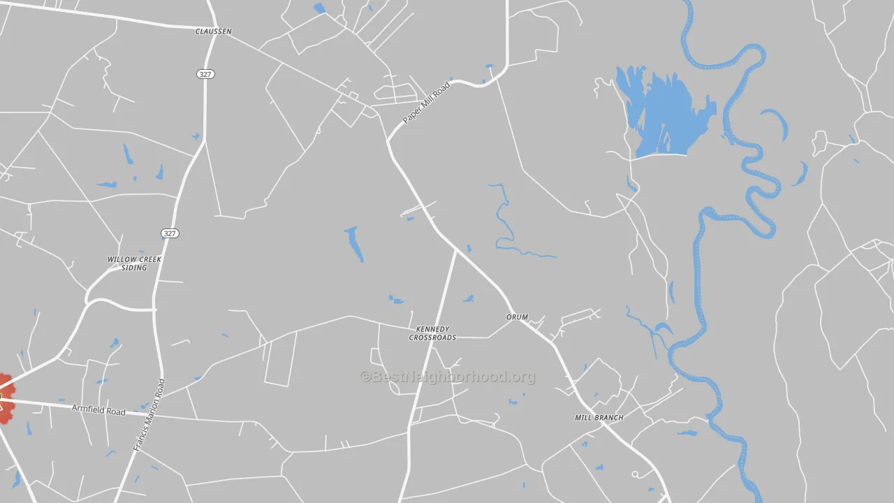 Walk Grade map of Orum, SC, walkable areas in green and car-dependent areas in red