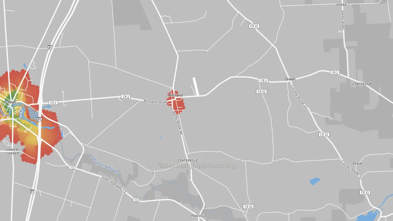 Walk Grade map of Orwell, NY, walkable areas in green and car-dependent areas in red