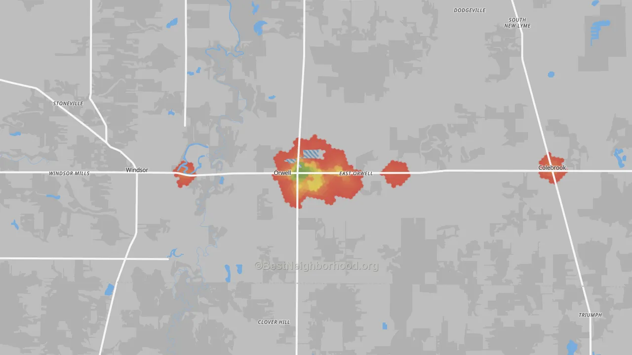 Walk Grade map of Orwell, OH, walkable areas in green and car-dependent areas in red