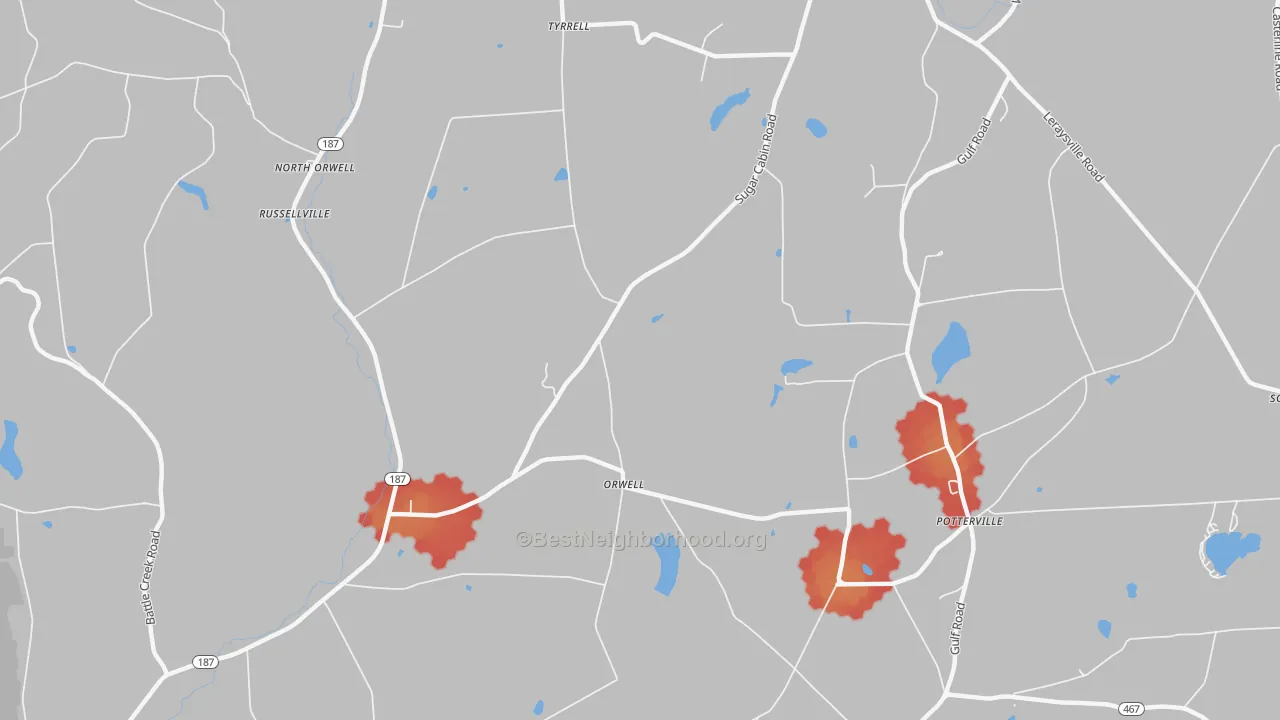 Walk Grade map of Orwell, PA, walkable areas in green and car-dependent areas in red