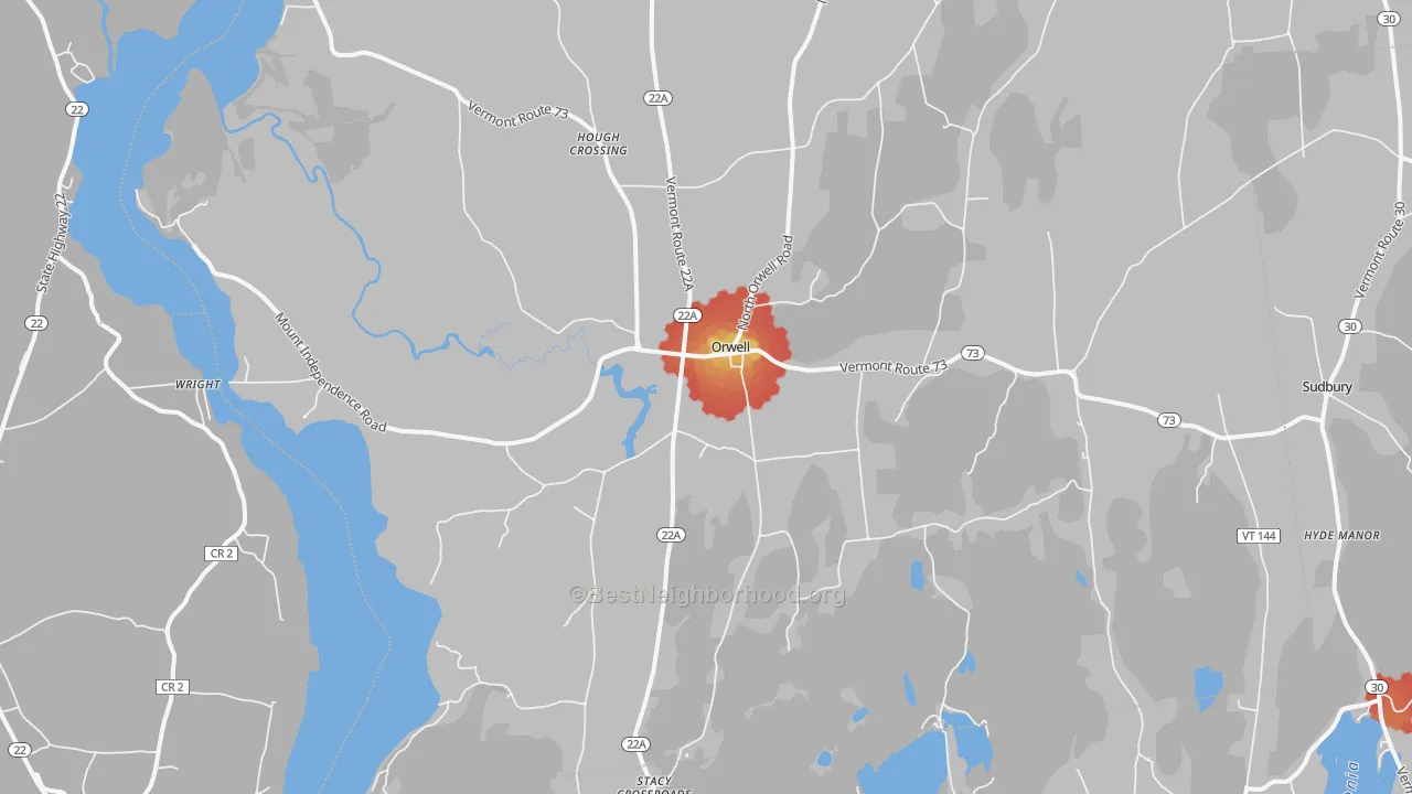 Walk Grade map of Orwell, VT, walkable areas in green and car-dependent areas in red