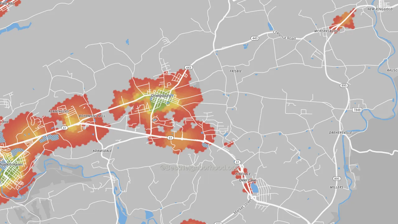 Walk Grade map of Orwigsburg, PA, walkable areas in green and car-dependent areas in red
