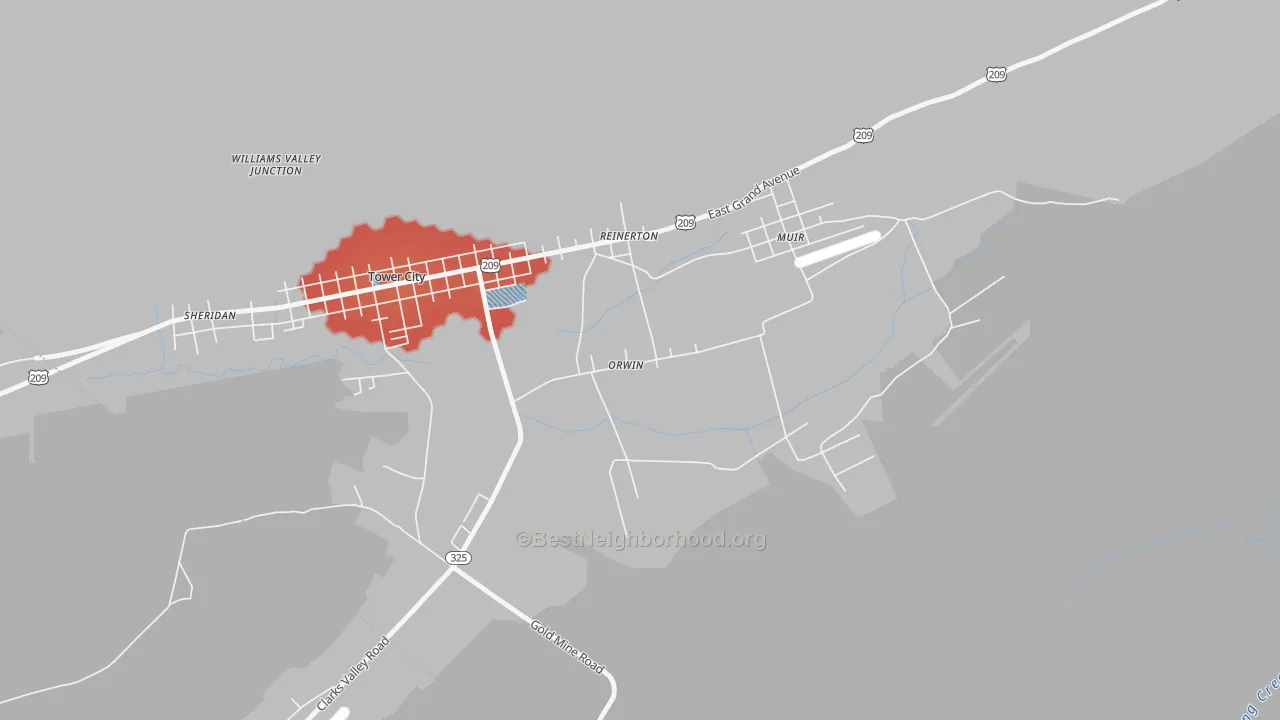 Walk Grade map of Orwin, PA, walkable areas in green and car-dependent areas in red