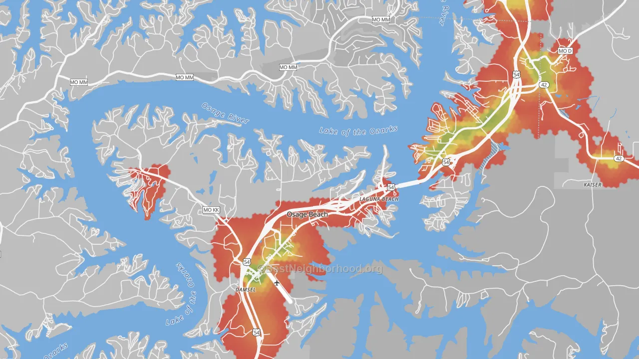 Walk Grade map of Osage Beach, MO, walkable areas in green and car-dependent areas in red