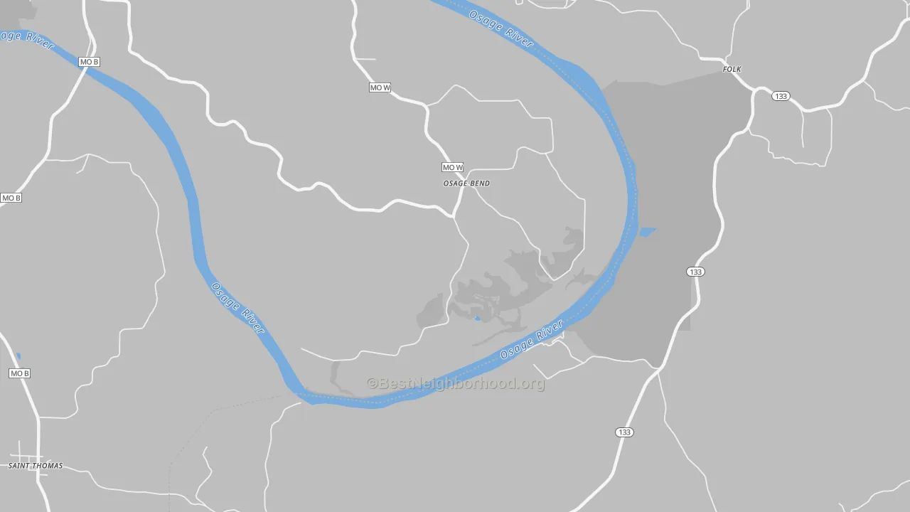 Walk Grade map of Osage Bend, MO, walkable areas in green and car-dependent areas in red