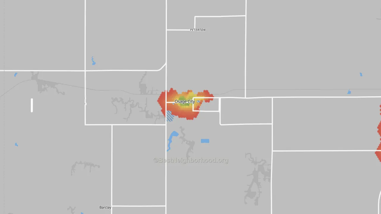 Walk Grade map of Osage City, KS, walkable areas in green and car-dependent areas in red