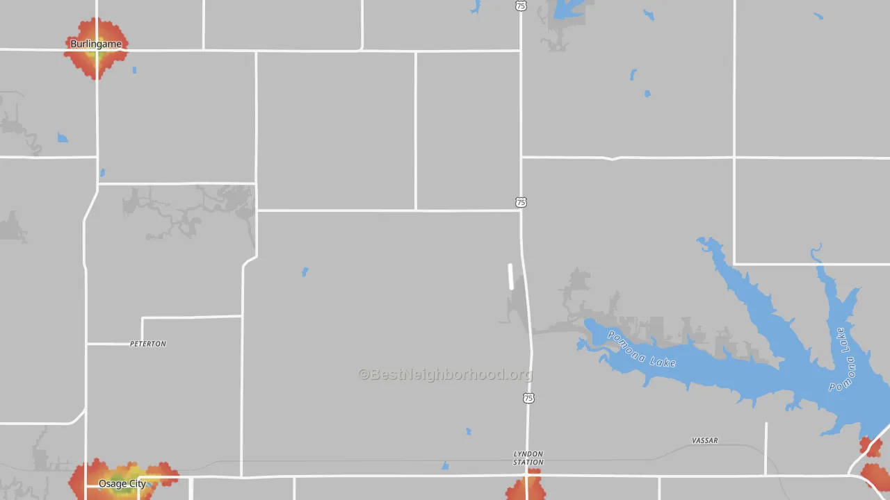 Walk Grade map of Osage County, KS, walkable areas in green and car-dependent areas in red