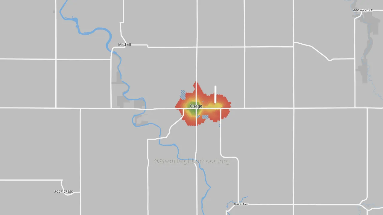 Walk Grade map of Osage, IA, walkable areas in green and car-dependent areas in red