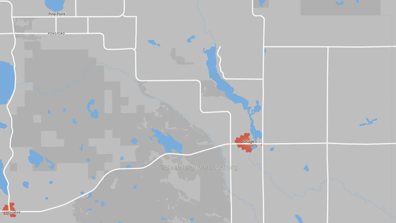 Walk Grade map of Osage, MN, walkable areas in green and car-dependent areas in red