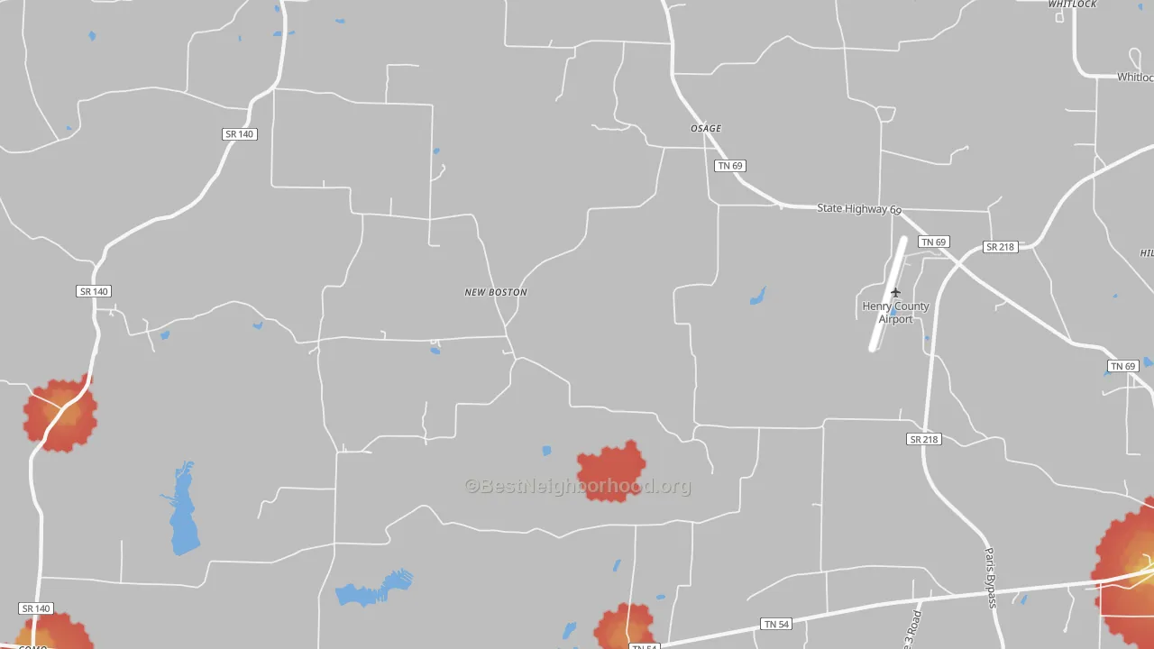 Walk Grade map of Osage, TN, walkable areas in green and car-dependent areas in red