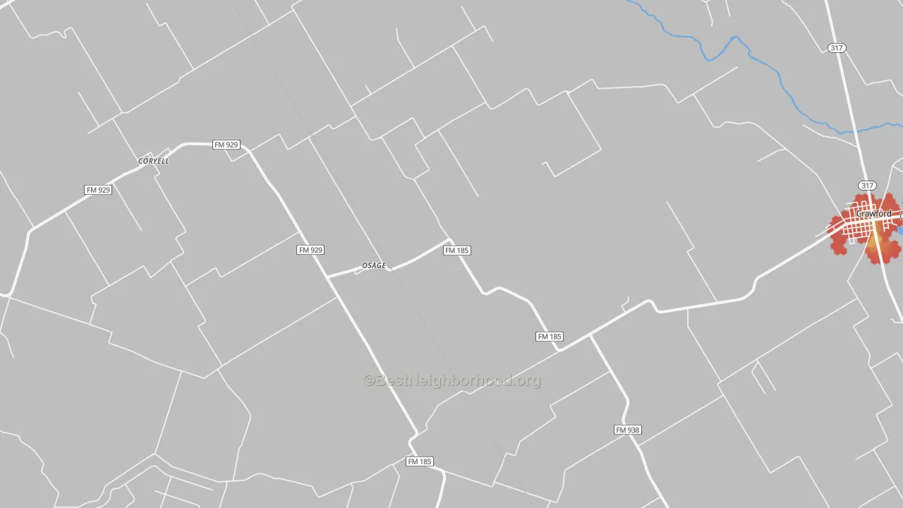 Walk Grade map of Osage, TX, walkable areas in green and car-dependent areas in red