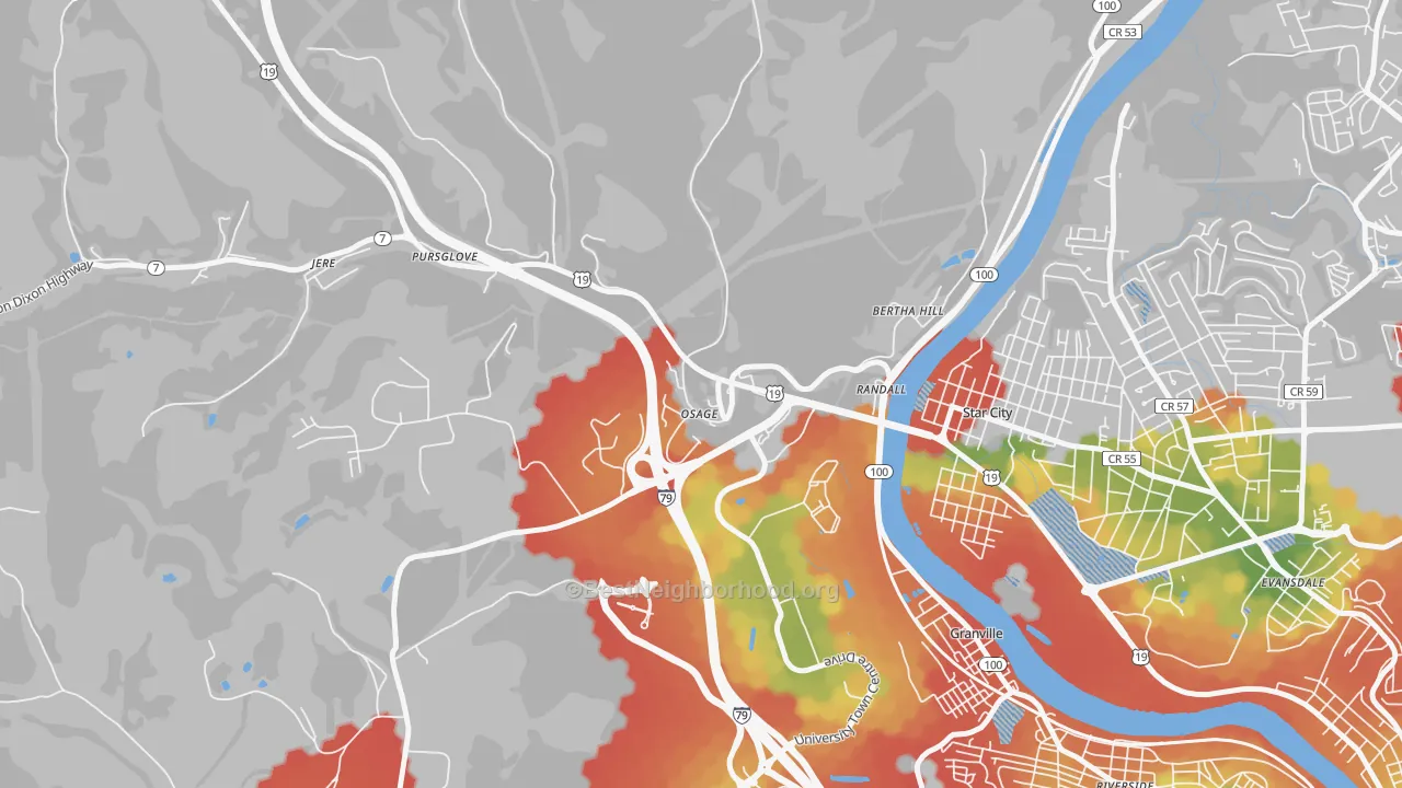 Walk Grade map of Osage, WV, walkable areas in green and car-dependent areas in red