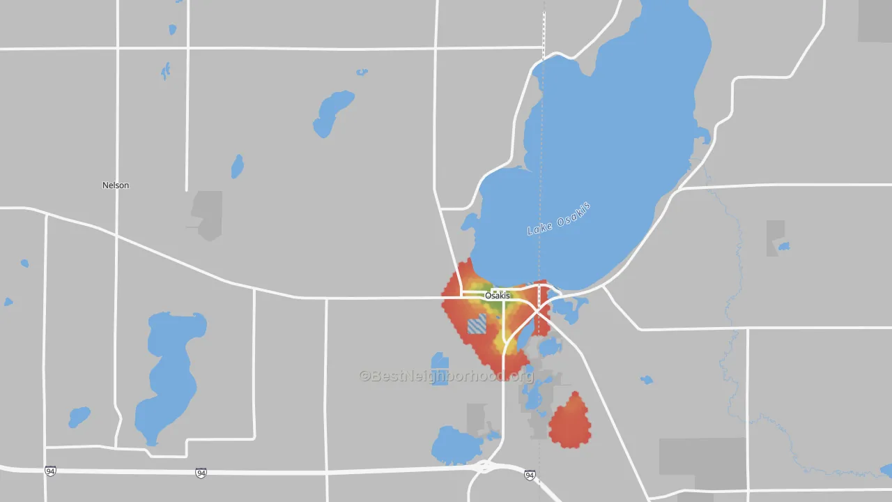 Walk Grade map of Osakis, MN, walkable areas in green and car-dependent areas in red