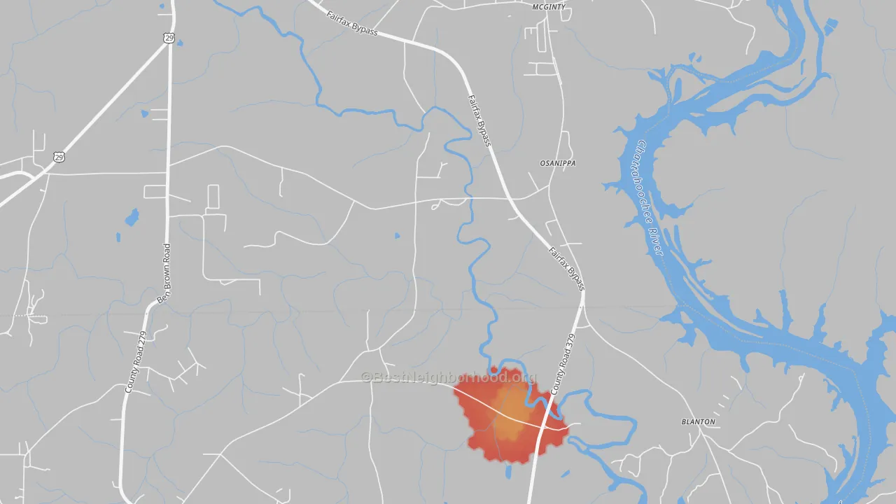 Walk Grade map of Osanippa, AL, walkable areas in green and car-dependent areas in red