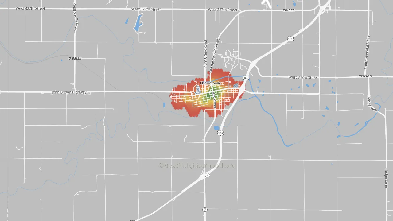 Walk Grade map of Osawatomie, KS, walkable areas in green and car-dependent areas in red