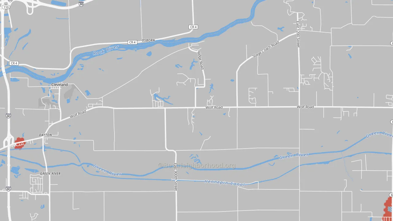 Walk Grade map of Osborn, IL, walkable areas in green and car-dependent areas in red