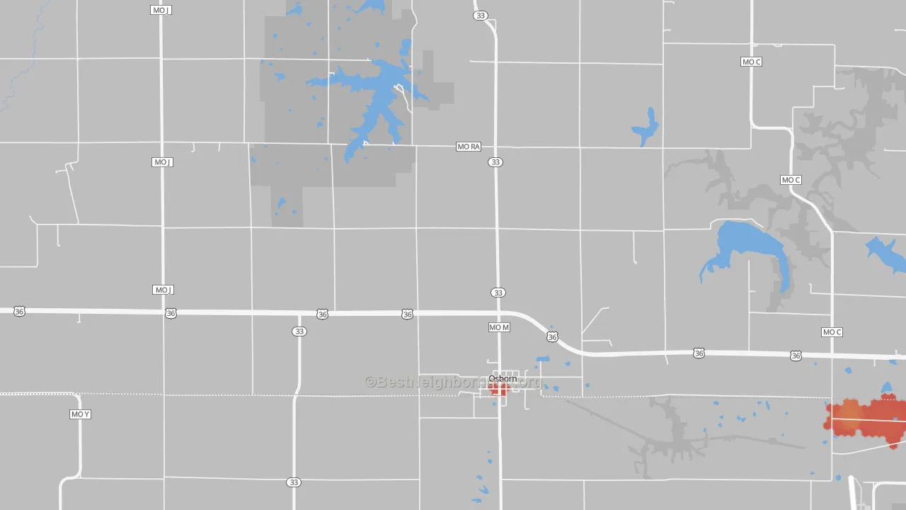 Walk Grade map of Osborn, MO, walkable areas in green and car-dependent areas in red