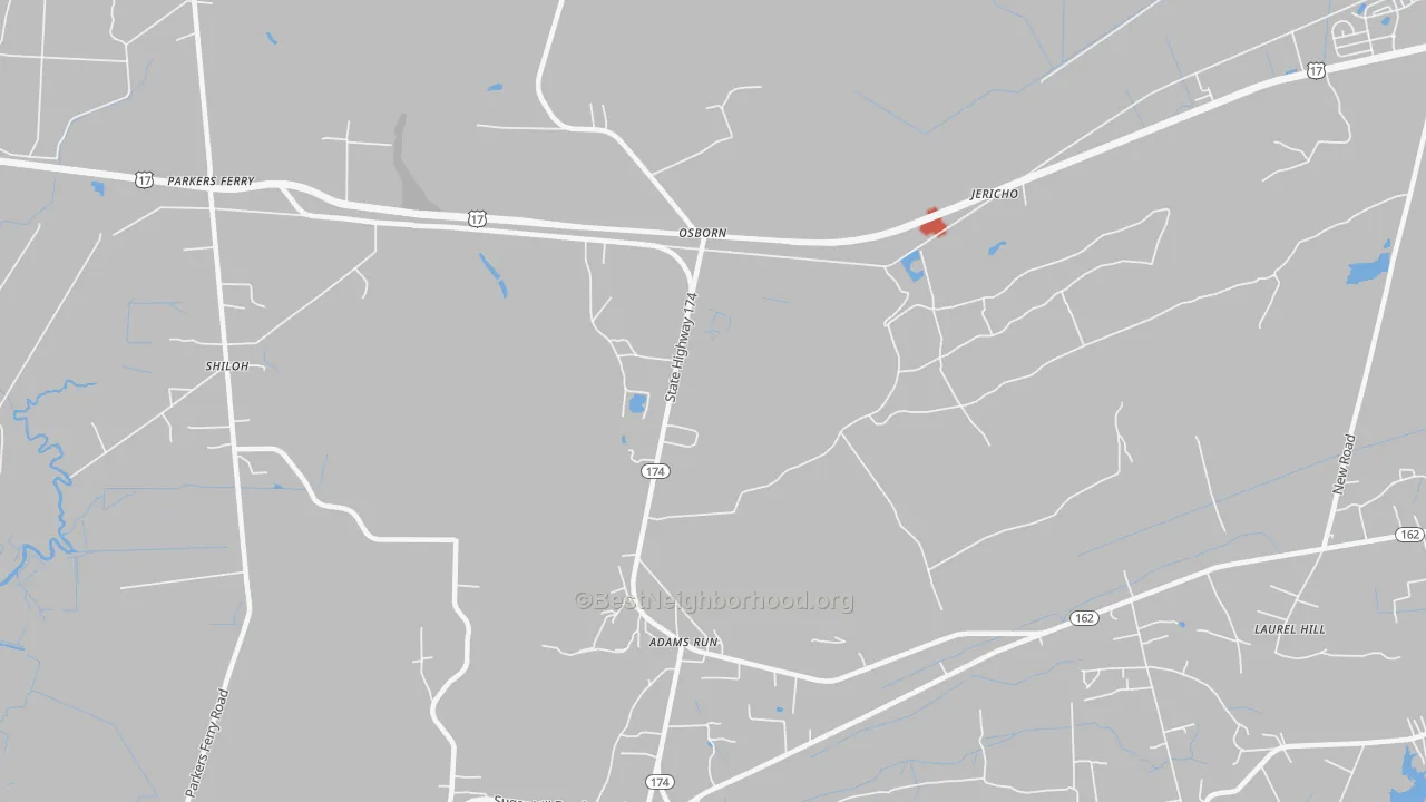 Walk Grade map of Osborn, SC, walkable areas in green and car-dependent areas in red