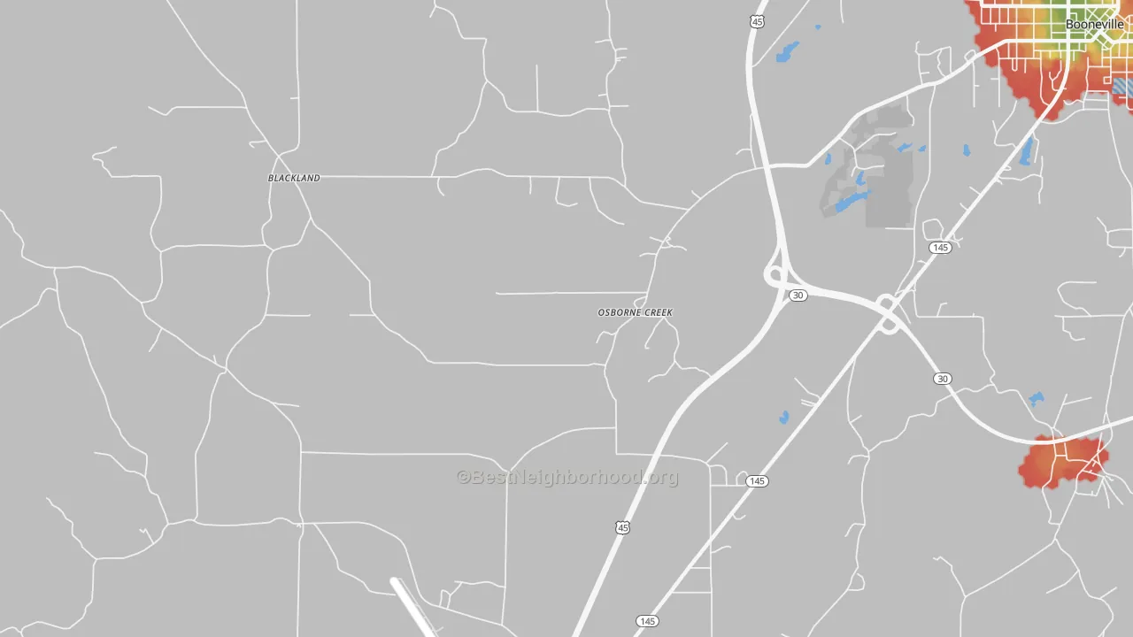 Walk Grade map of Osborne Creek, MS, walkable areas in green and car-dependent areas in red