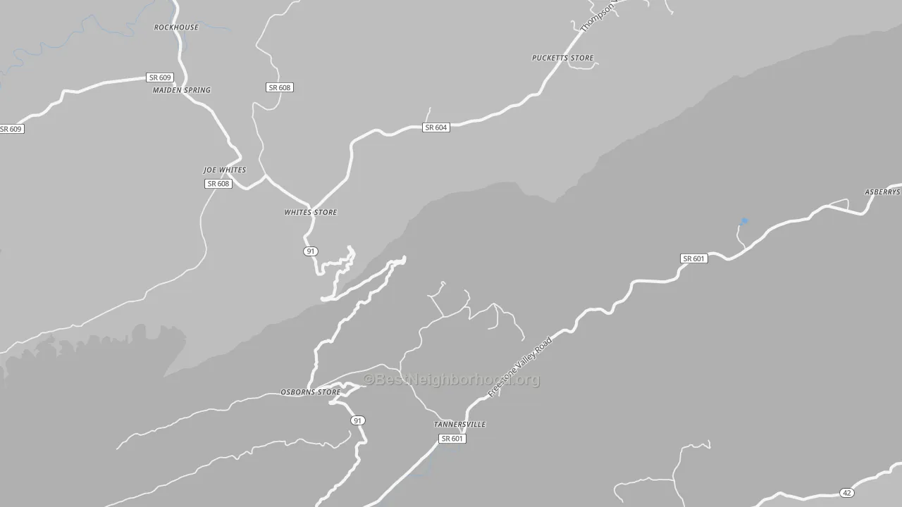 Walk Grade map of Osborns Store, VA, walkable areas in green and car-dependent areas in red