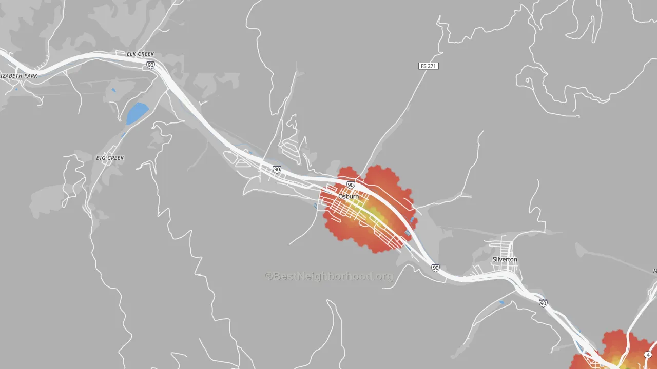 Walk Grade map of Osburn, ID, walkable areas in green and car-dependent areas in red