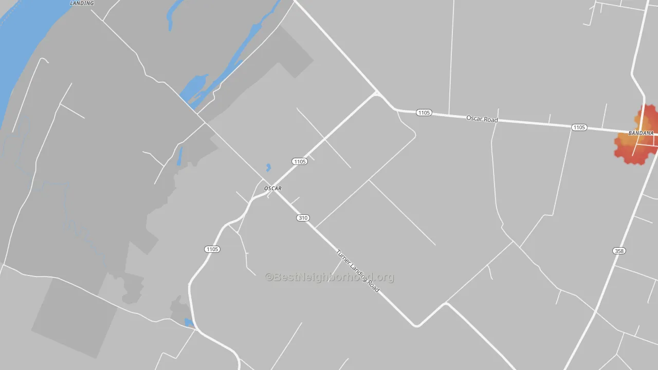 Walk Grade map of Oscar, KY, walkable areas in green and car-dependent areas in red