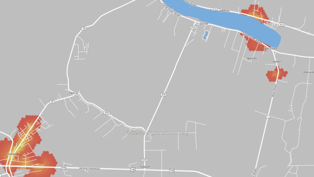 Walk Grade map of Oscar, LA, walkable areas in green and car-dependent areas in red