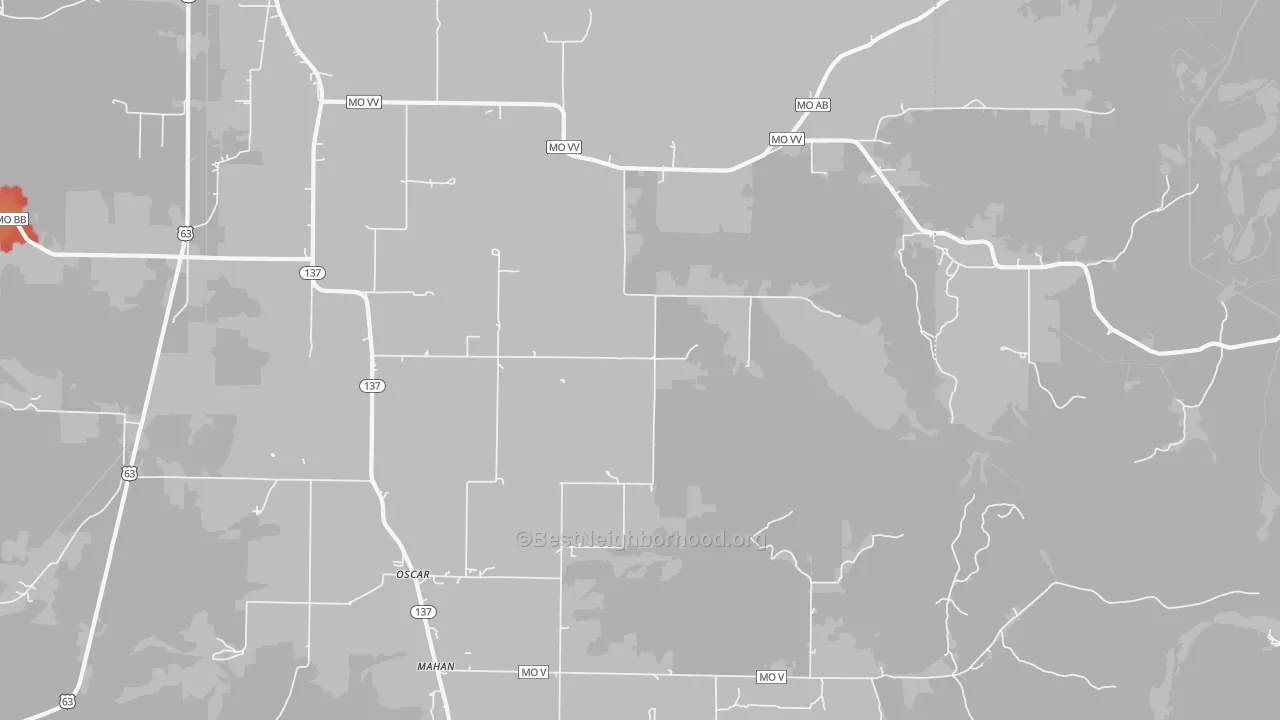 Walk Grade map of Oscar, MO, walkable areas in green and car-dependent areas in red
