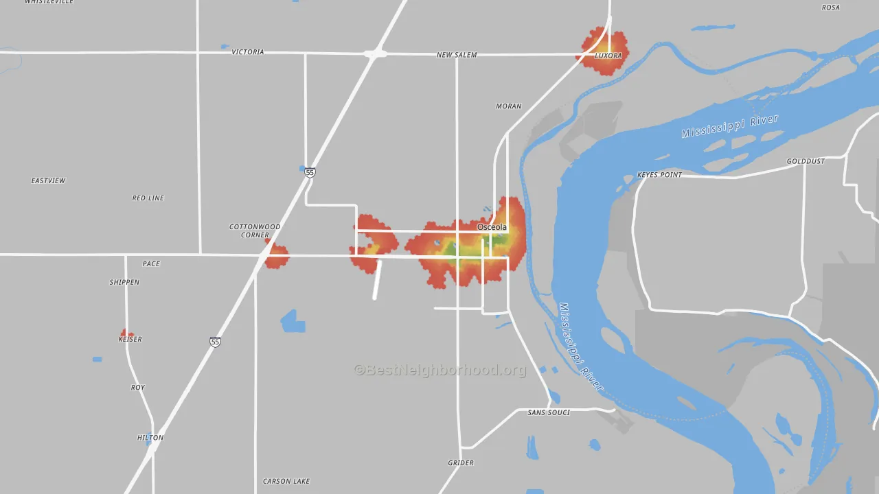 Walk Grade map of Osceola, AR, walkable areas in green and car-dependent areas in red