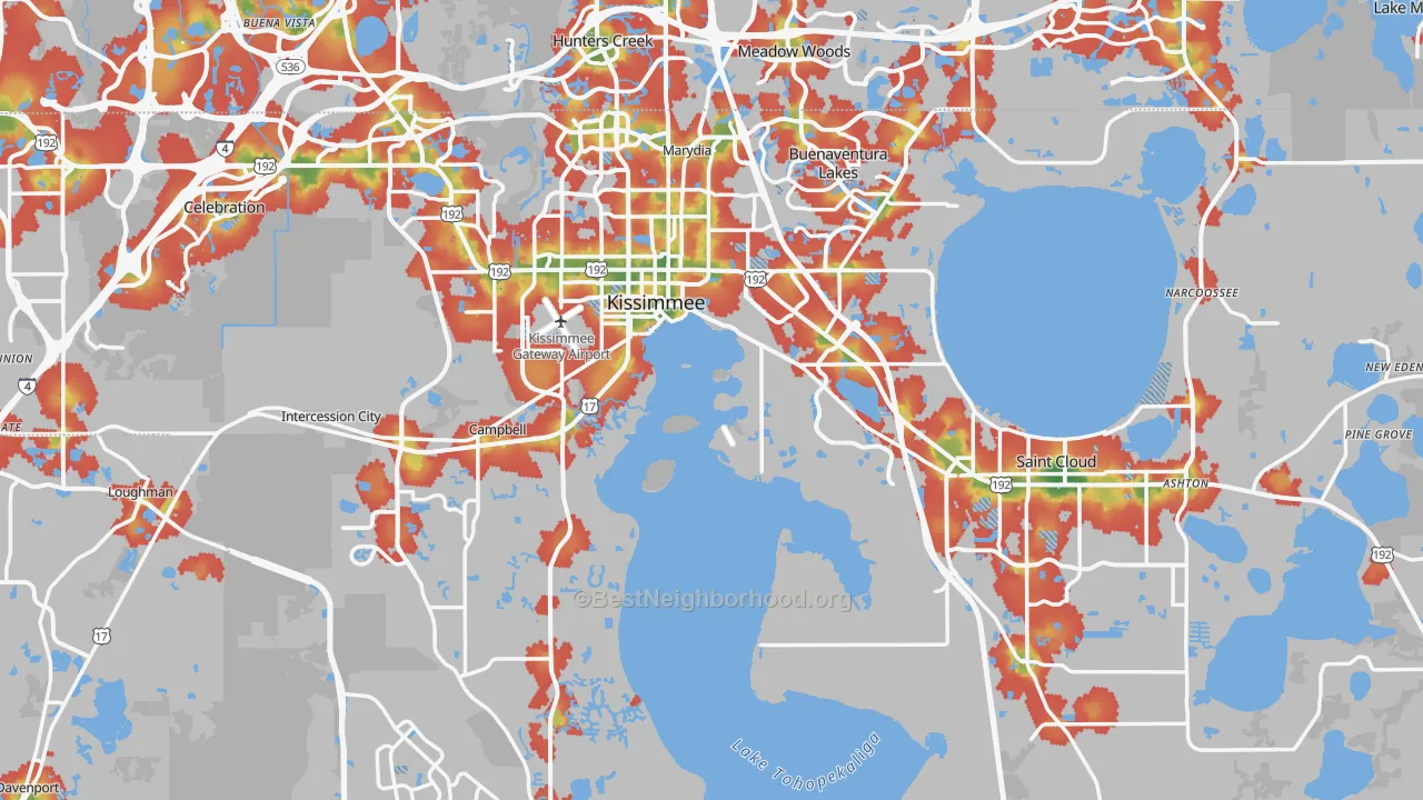 Walk Grade map of Osceola County, FL, walkable areas in green and car-dependent areas in red