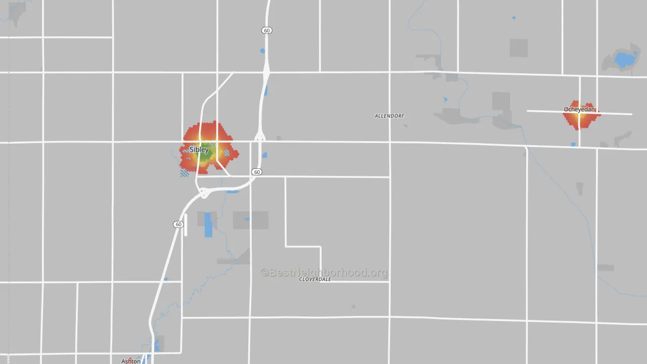 Walk Grade map of Osceola County, IA, walkable areas in green and car-dependent areas in red
