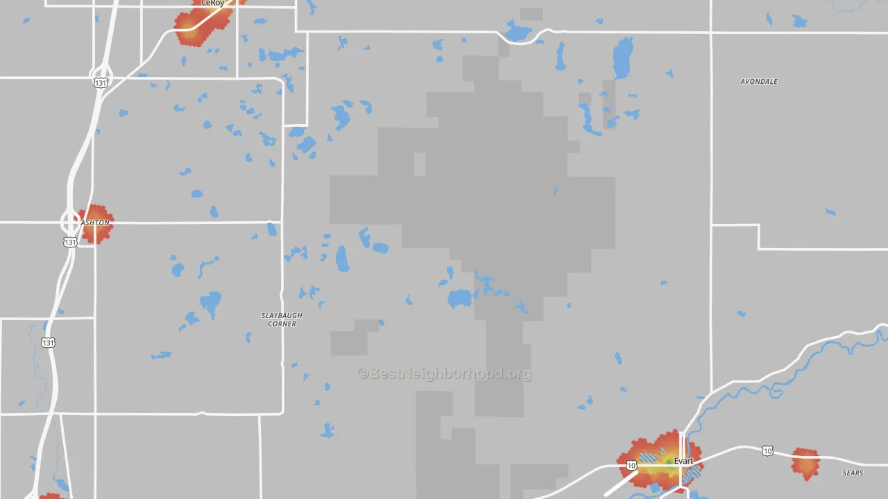 Walk Grade map of Osceola County, MI, walkable areas in green and car-dependent areas in red