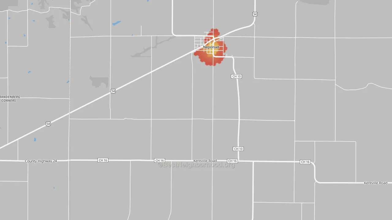 Walk Grade map of Osceola, IL, walkable areas in green and car-dependent areas in red