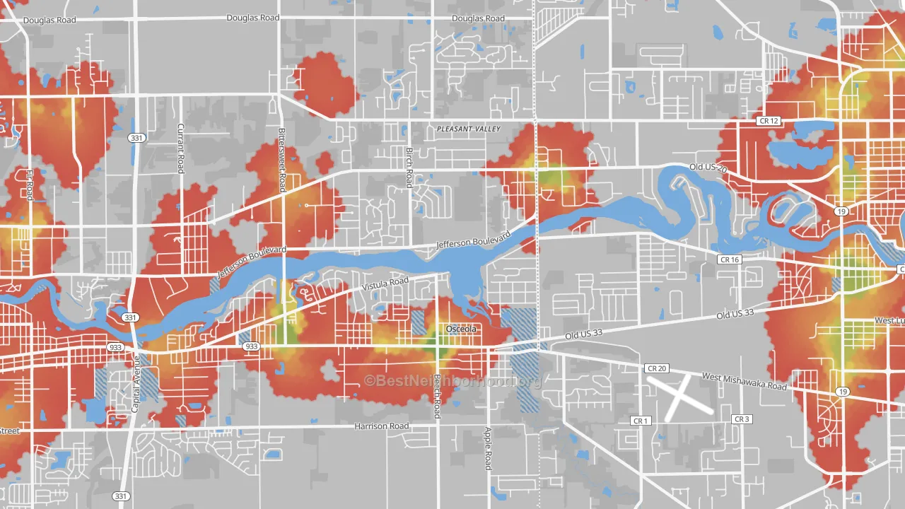 Walk Grade map of Osceola, IN, walkable areas in green and car-dependent areas in red