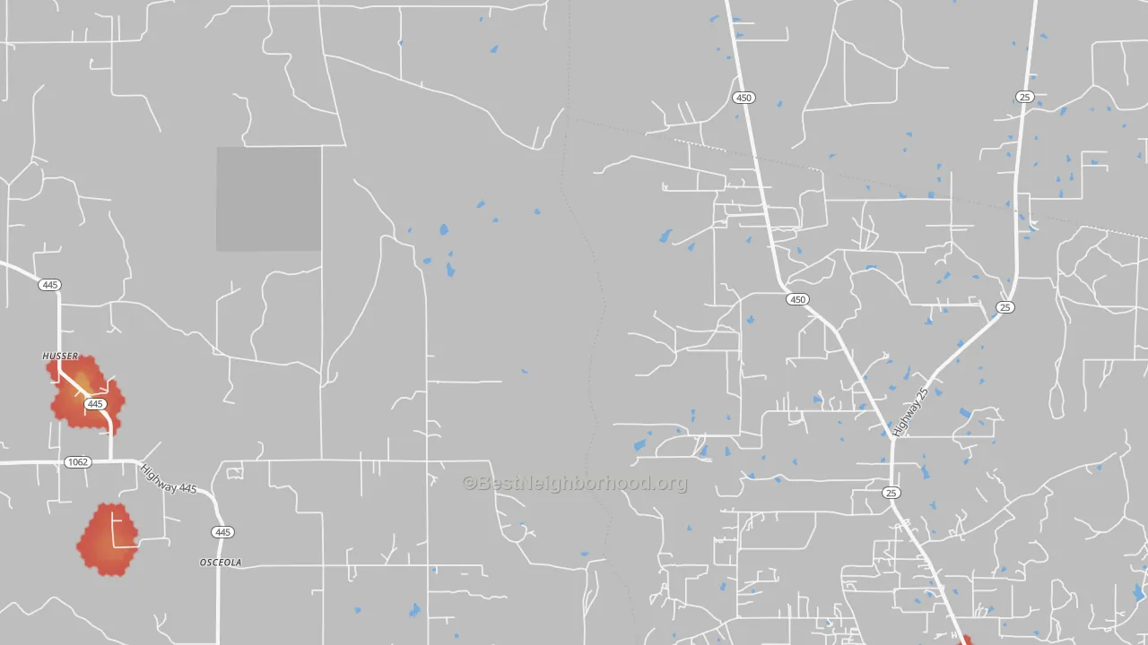 Walk Grade map of Osceola, LA, walkable areas in green and car-dependent areas in red