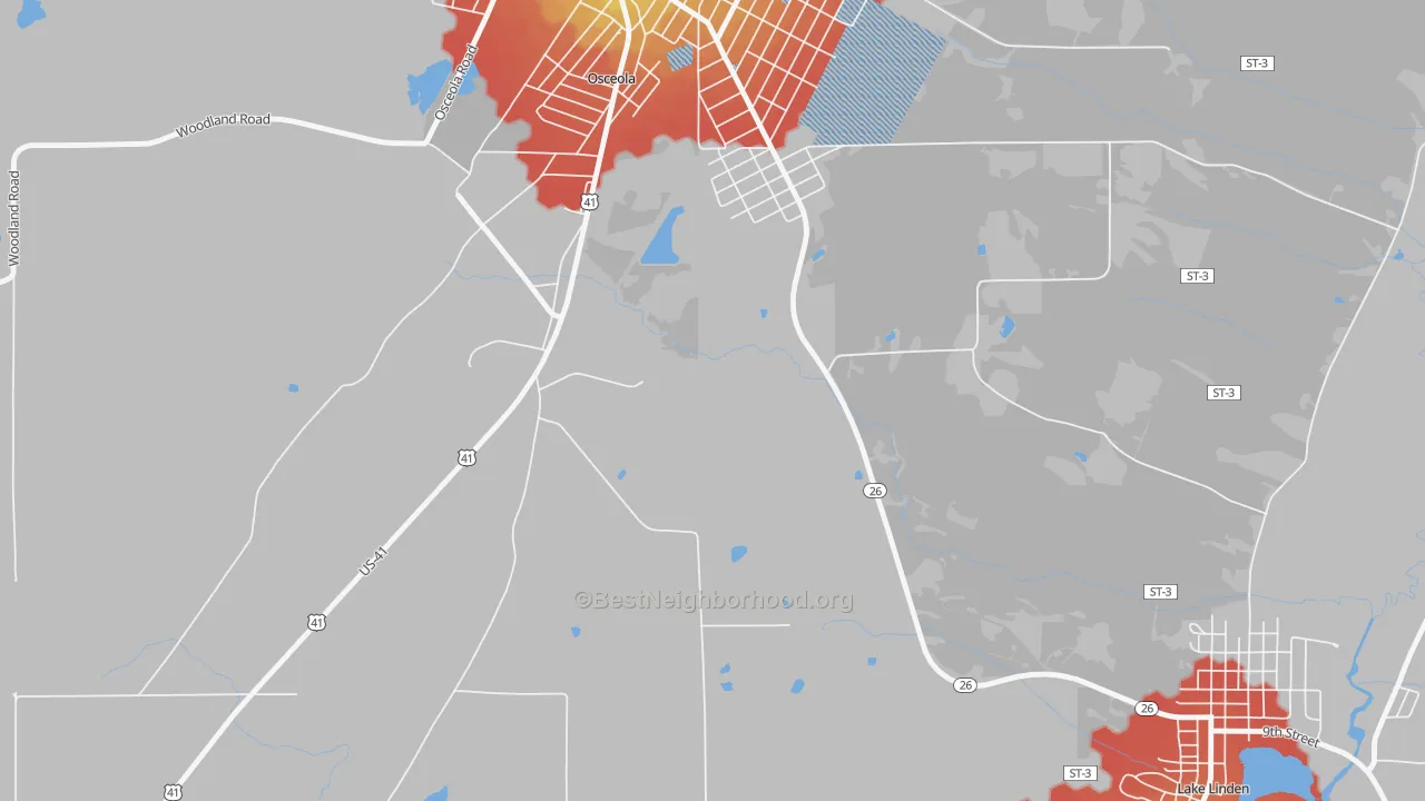 Walk Grade map of Osceola, MI, walkable areas in green and car-dependent areas in red