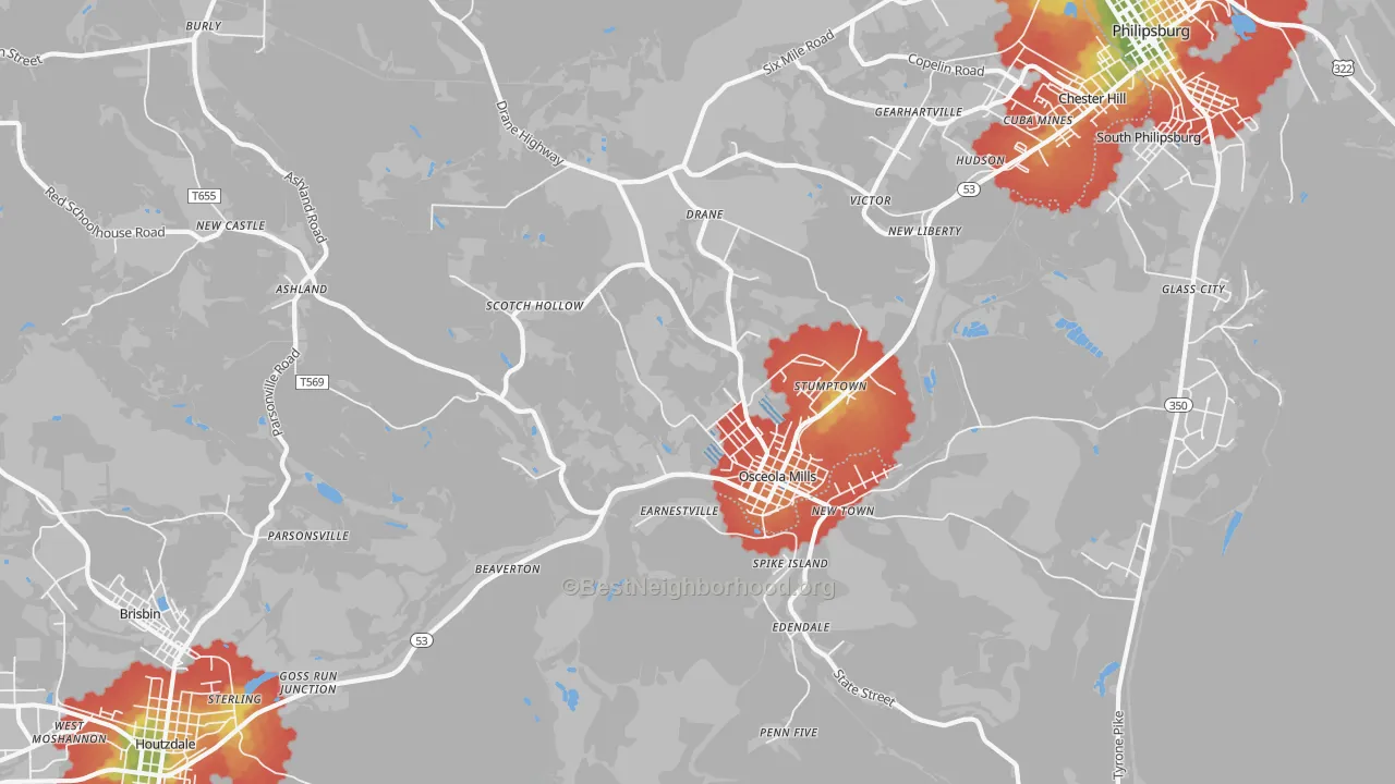 Walk Grade map of Osceola Mills, PA, walkable areas in green and car-dependent areas in red