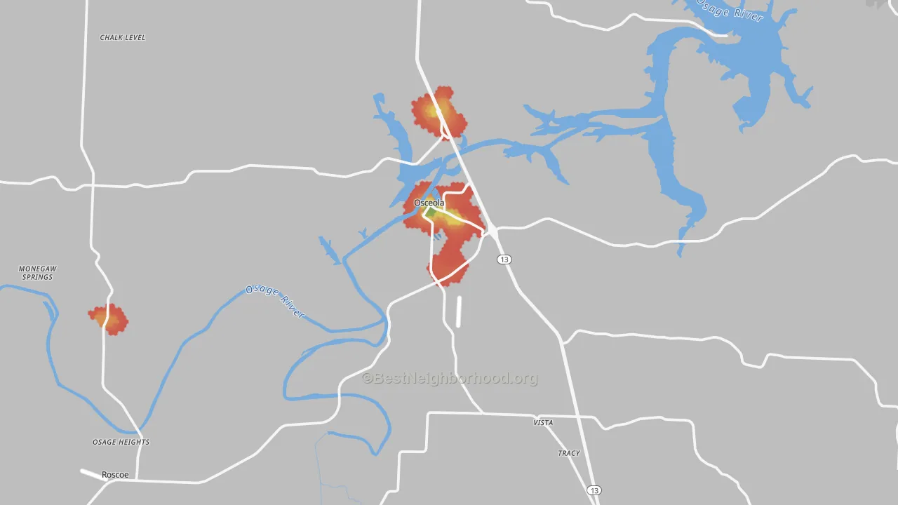 Walk Grade map of Osceola, MO, walkable areas in green and car-dependent areas in red