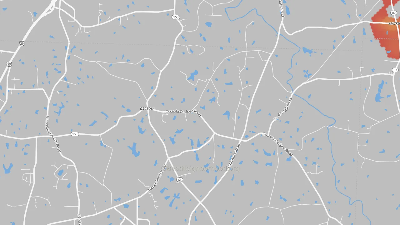 Walk Grade map of Osceola, NC, walkable areas in green and car-dependent areas in red