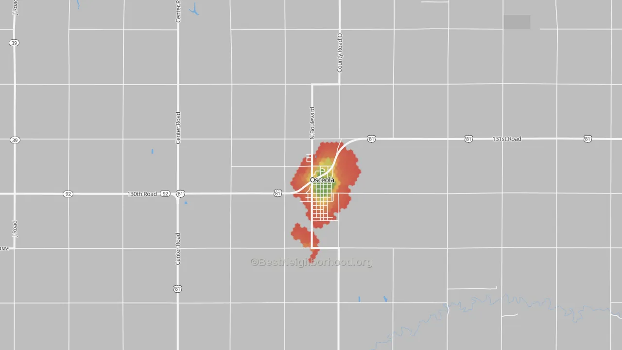 Walk Grade map of Osceola, NE, walkable areas in green and car-dependent areas in red