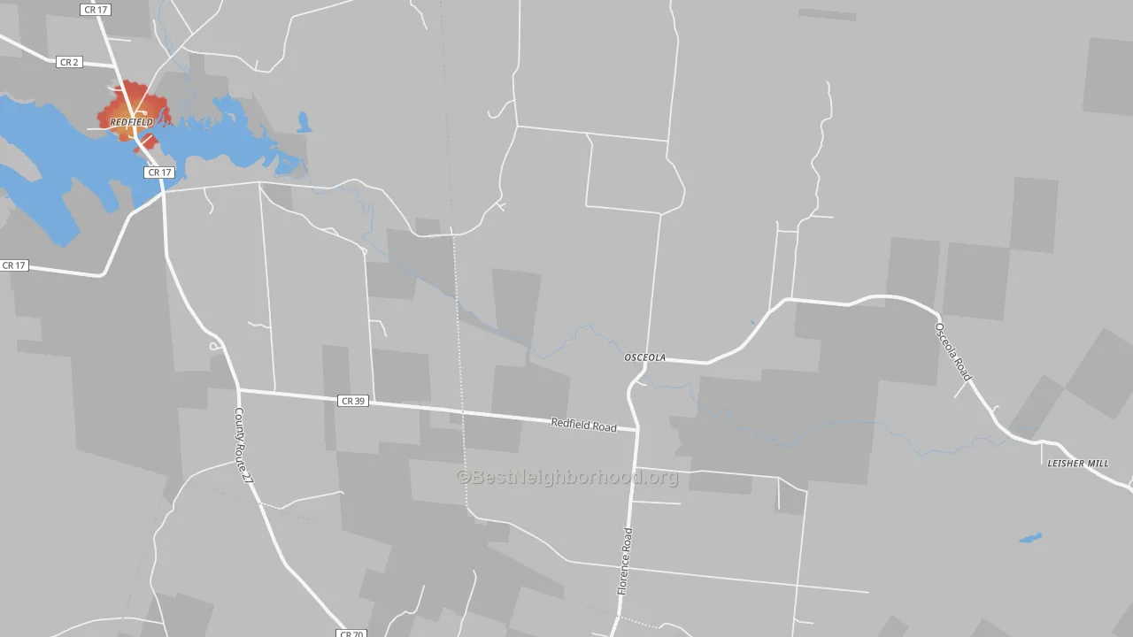 Walk Grade map of Osceola, NY, walkable areas in green and car-dependent areas in red